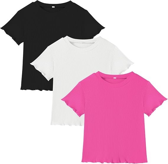 3 Pack Toddler Girl T-Shirts Ruffle Short Sleeve Baby Girls Top Basic Solid Ribbed Casual Tees for Little Girls
