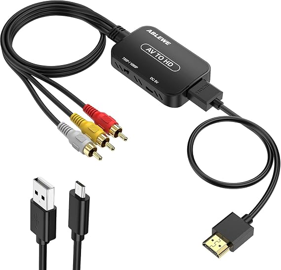 ABLEWE RCA to HDMI Converter, AV to HDMI Converter with RCA Cable & HDMI Cable Supports PAL/NTSC for Roku/VHS/VCR/Blue-Ray DVD Players