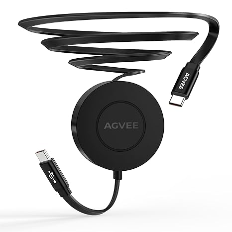 AGVEE 0.3ft Fixed  2.3ft Extend USB-C to C Charger Cable Mountable One Way Retractable 60W Fast Charging Cord, Pocket-Sized for iPhone 16 15, Samsung, Android, Desk Organizer, Black