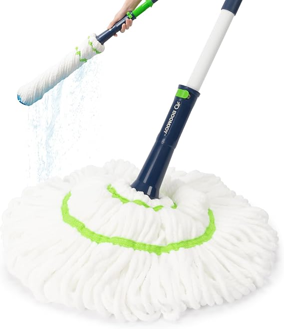 BOOMJOY Twist Mop with Self-Wringing System for Floor Cleaning, Scouring Pad for Stubborn Stains, 53" Long Handle Ideal for Kitchen, Bathroom & Home Use Perfect for Pet Owners