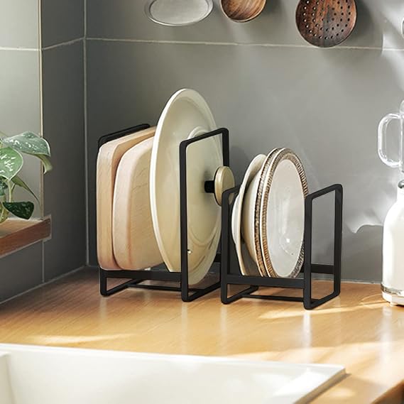2PCS Plate Holders Organizer, Metal Dish Storage Dying Display Rack for Cabinet, Counter and Cupboard - Black, Small and Large