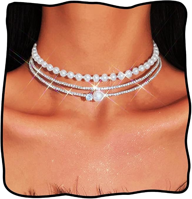 JEAIRTS Layered Pearl Rhinestone Choker Necklace Jewelry Silver for Women