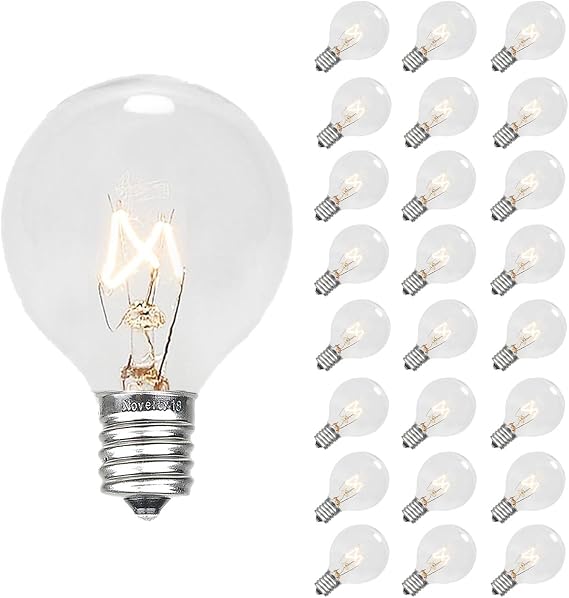 Novelty Lights 25 Pack G50 Outdoor String Light Globe Replacement Bulbs, Clear, E12/C7 Base, 7 Watt