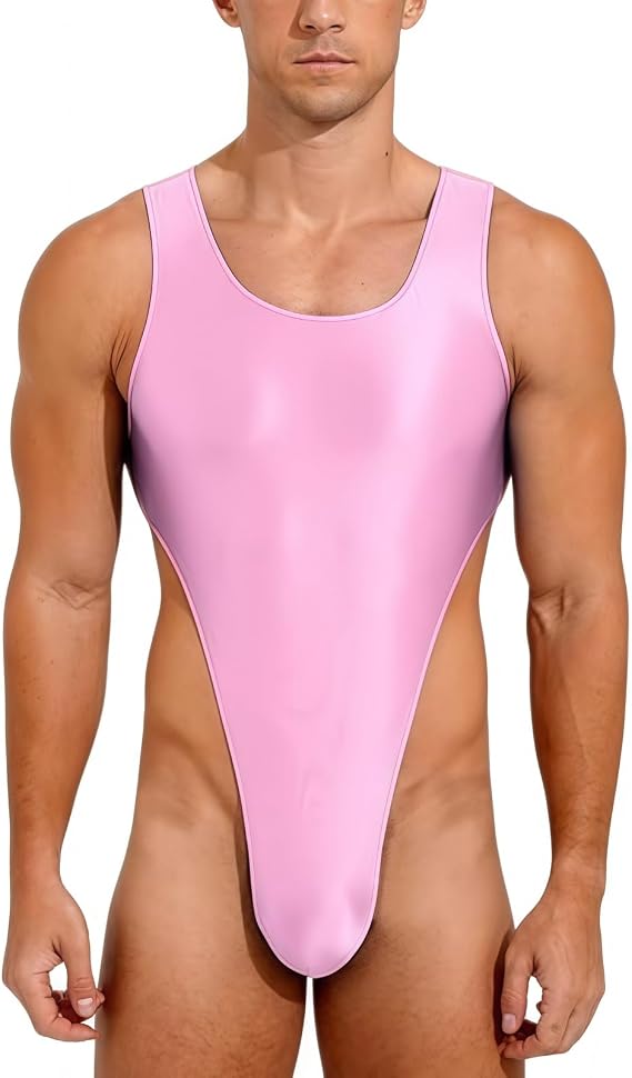 Men's Shiny Glossy Leotard, Sleeveless U Neck High Cut Thong Gymnastics Bodysuit, Stretchy Low Back Solid Sparkle Dance Jumpsuit, Slim Fit One Piece Leotard for Training Swimwear Yoga Gym Workout