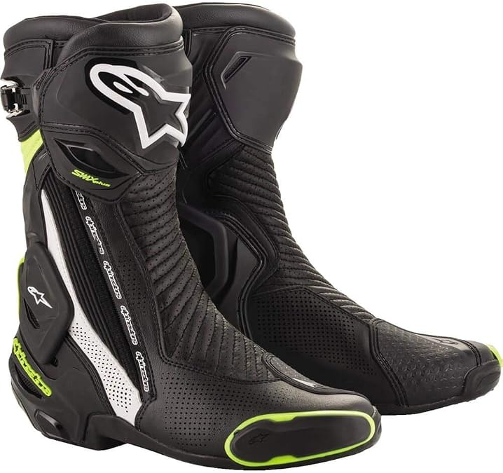 Alpinestars SMX Plus V2 Vented Motorcycle Boots, CE-Certified High-Speed Flexible Protection, Riding Footwear, 41, Black/White/Yellow