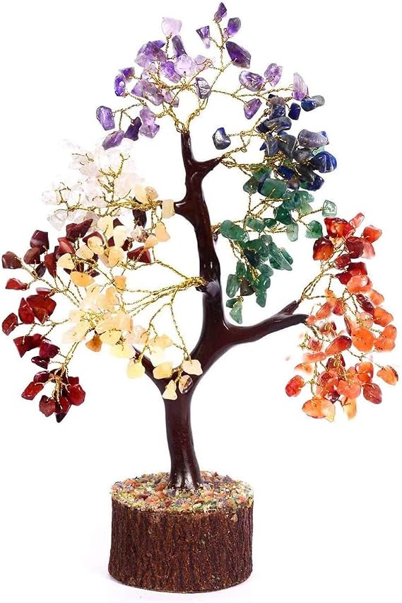 e-clickstore AGIROC Seven Chakra Natural Healing Gemstone Crystal Bonsai Fortune Money Tree for Good Luck, Home Office Kitchen Decor Spiritual Gift (Golden Wire and 300 Beads) Size 10-12 Inches