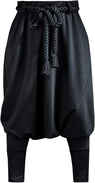 ByTheR Men's Harem Pants, Drop Crotch Baggy Trousers with Rope Belt, Black | Goth-boho genie style for festival streetwear with relaxed baggy fit and drawstring comfort