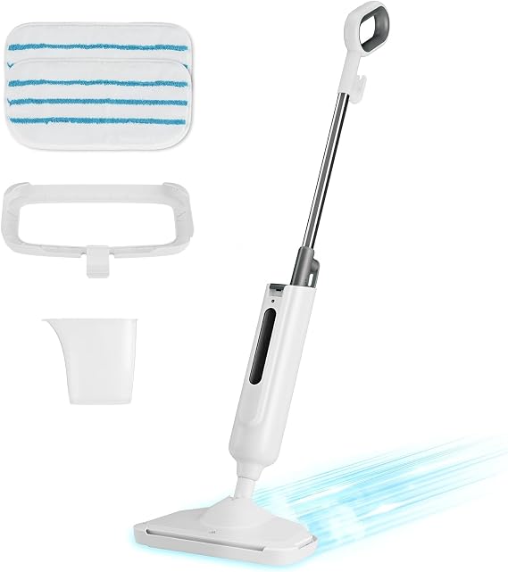 Steam Mop with Natural Sanitization, Floor Steamer, Tile Cleaner, and Hard Wood Floor Cleaner with Flip-Down Easy Scrubber, White