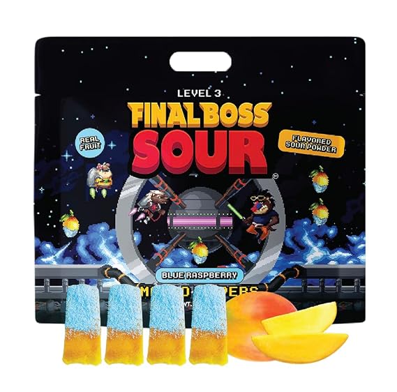 Final Boss Sour Fruit Candy, Dried Mango Blue Raspberry Dip Level 3, 1 Pack