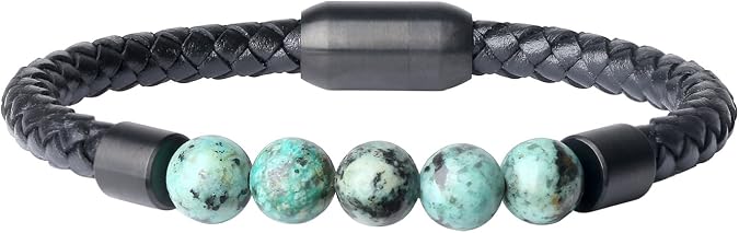 COAI Mens Magnetic Clasp Leather Stone Beaded Bracelet