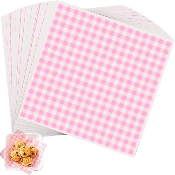 100pcs Waxed Deli Paper Sheets, 7x7" Food Basket Liners for Sandwiches, Burgers. Pink Checkered Deli Wrap Wax Paper Sheets by Neyimqr