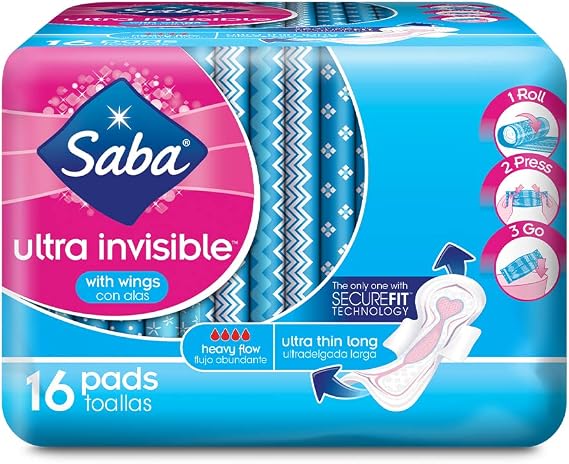 Saba, Ultra Invisible Heavy Flow Ultra Thin Long Pads with Wings, 16 Count