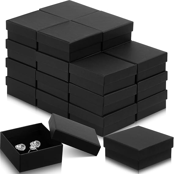 Batiyeer 48 Packs Black Jewelry Boxes 3.2 x 3.2 x 1.4 Inches Square | Cardboard Gift Packaging with Black Foam Cushion, For Rings Earrings Necklaces, Ideal for Retail Shops and Online Sellers