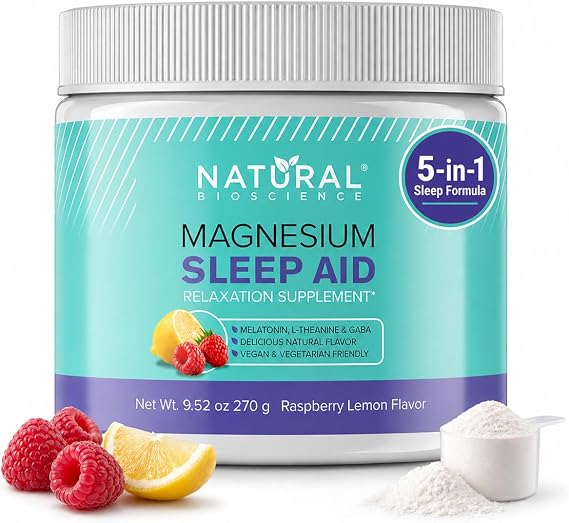 Magnesium Sleep Night Time Powder - Magnesium Citrate, Magnesium Glycinate with Melatonin, L-Theanine and GABA Sleep Aid, Natural Sleep Supplement, Vegan, Gluten-Free, Raspberry Lemon Flavor