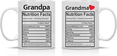 CBTwear Grandpa & Grandma Nutrition Facts Mugs, Ceramic Coffee Couples Set Mug, Funny His & Her, Husband Wife Or Nana and Papa Christmas Birthday Gifts - 11oz