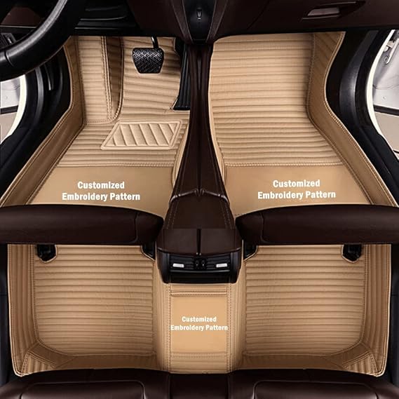Custom Personalized Floor Mats - Luxury Full Coverage All Weather Mats, Quilted Diamond Pattern, Anti-Slip, Fits 98.8% of Cars, Trucks & SUVs (Beige Stripe)
