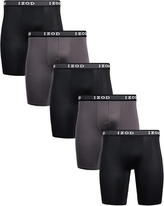 IZOD Mens Boxer Briefs 5 Pack Performance Boxers with Pouch, 9" Inseam | Moisture-Wicking Stretch Fabric, Breathable Mesh Pouch and Tag-Free Design Deliver Cooling Support with Less Ride-Up All Day