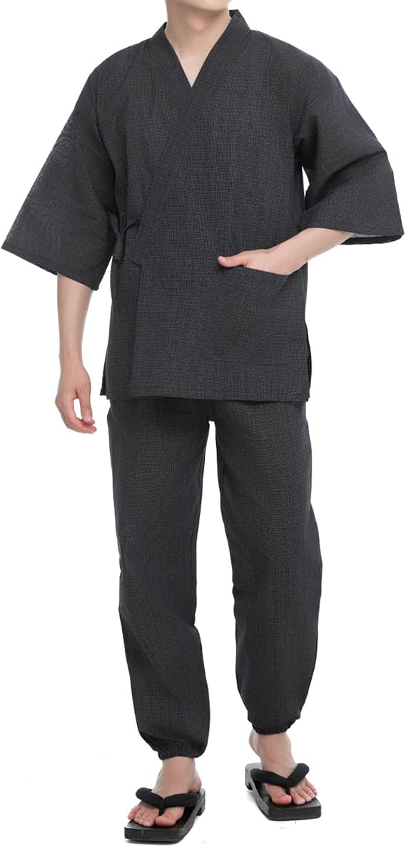 Jinbei Men's 2-Piece Set Japanese Kimono 3/4 Sleeve Casual Loungewear Traditional Kimono 100% Cotton Costume