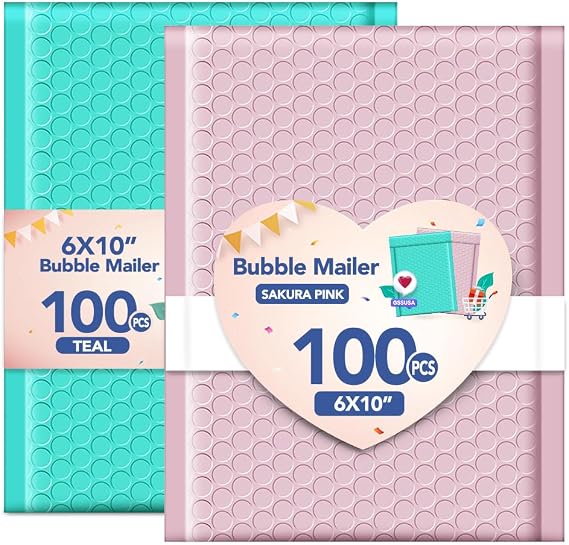 GSSUSA Bubble Mailers Teal 6x10Inch 100PC +LightPink 6x10Inch 100PC, Usable Size 6x9" Bubble Envelopes for Small Business, Padded Envelope, Shipping Mailers, Packaging Bags, Mailing Envelopes