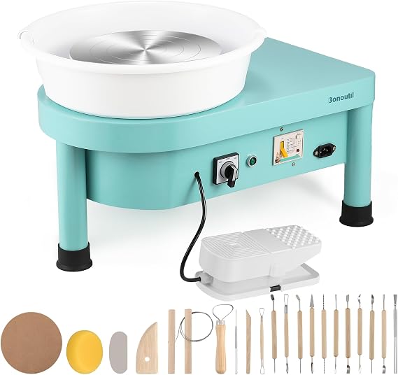 Bonoutil Pottery Wheel Machine 10" Electric Ceramic Forming Machine Foot Speed Pedal Max 20 lbs Capacity, Clay Art Sculpting Tools Kit at Home Pottery Wheels for Adults (Blue)