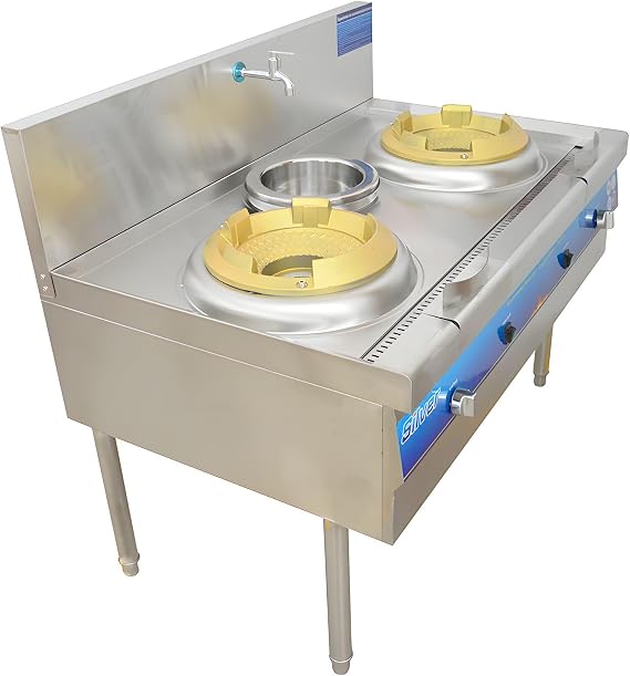 Commercial High Fire Stove 110V Double Head LPG Gas Stove Burner Stainless Steel Wok Range Burner with Baffle and Water Basin 120W Single Fan Power 0.59" Air Inlet Diameter