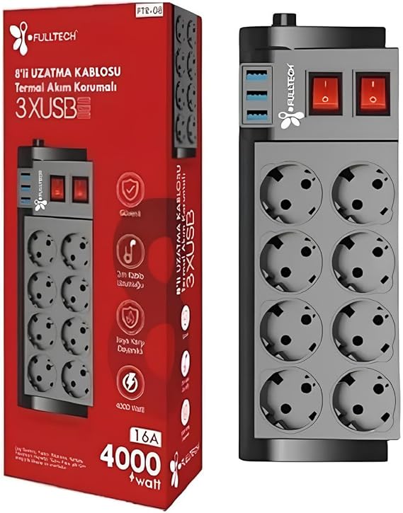 Termal Akım Korumalı, 8' Li Priz Soketi, Isıya Dayanıklı Yapı, 8x Priz Girişi, 3x Usb Girişi, Çocuk Korumalı Priz Çoğaltıcı, 2 Metre kablolu Akım Koruyucu