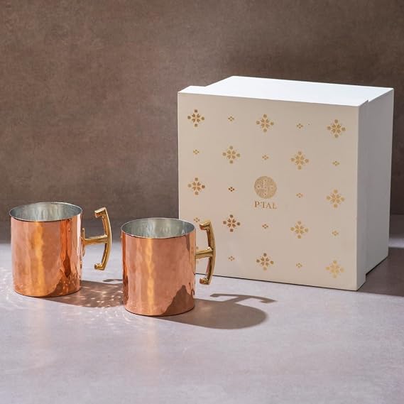 P-TAL Pure Copper Moscow Mule Mugs Set of 2 with Gift Box | Tin Coated Brass Handles | Hammered Rose Gold Finish | Naturally Keeps Drinks Chilled | Premium Handcrafted Barware Gift Set for Cocktails