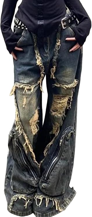 Y2K Baggy Ripped Tassel Jeans Unisex Wide Leg Distressed Cargo Pants