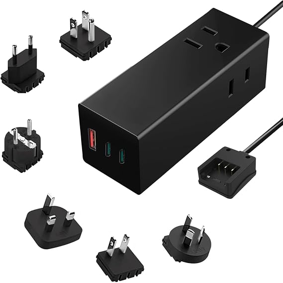 Ceptics 65W World Travel Adapter 3 USB Ports PD 3.0 Ultra Compact Charger 2 US Outlets [GaN Tech], Quick Type C, Charge Laptops, Cellphones in Europe, Asia, Africa, America and More