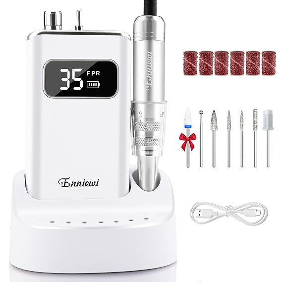 Electric Nail Drill File, Professional Portable Nails Drills Kit with Rechargeable Base 7 unas Bits, Cordless Efile for Poly Gel Acrylic Nails Remover Home Salon Pedicure Manicure Tool, White