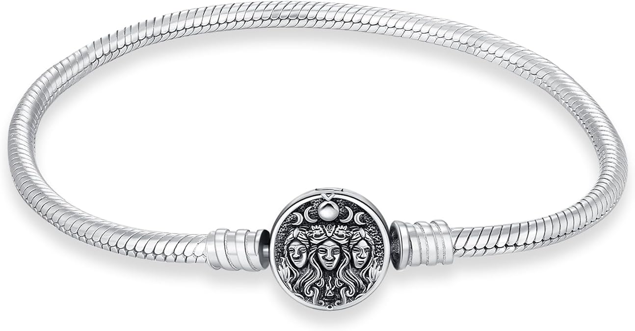 Hecate Charm Bracelet for Women 925 Sterling Silver Snake Chain Goddess Hekate Bead Bracelets Triple Moon Wiccan Pagan Magic Witchcraft Amulet Jewelry Gifts