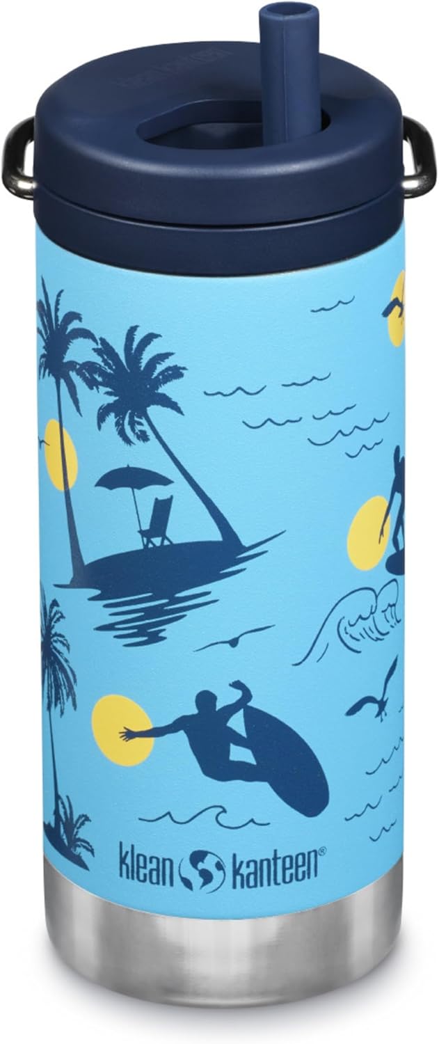 Klean Kanteen TKWide Insulated Bottle – Twist Cap, Steel Straw – Sports & Office – Surfer, 12 oz