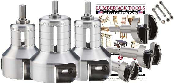 Lumberjack Tools Tenon Cutter Kit for Log Furniture, 1" & 1.5" & 2" Cutters & Forstner Bits, Pro Series Aluminum, 1/2" Shank, Dual Blades Create a Radius Shoulder Profile, Made in USA