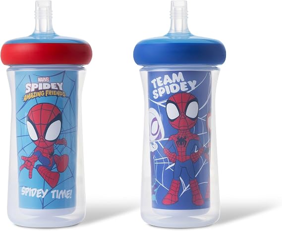 The First Years Spidey and His Amazing Friends Insulated Straw Cups - Toddler Cups with Straws and DropGuard Protection - Kids Water Bottles - 9 Oz - 2 Count - Ages 18 Months and Up