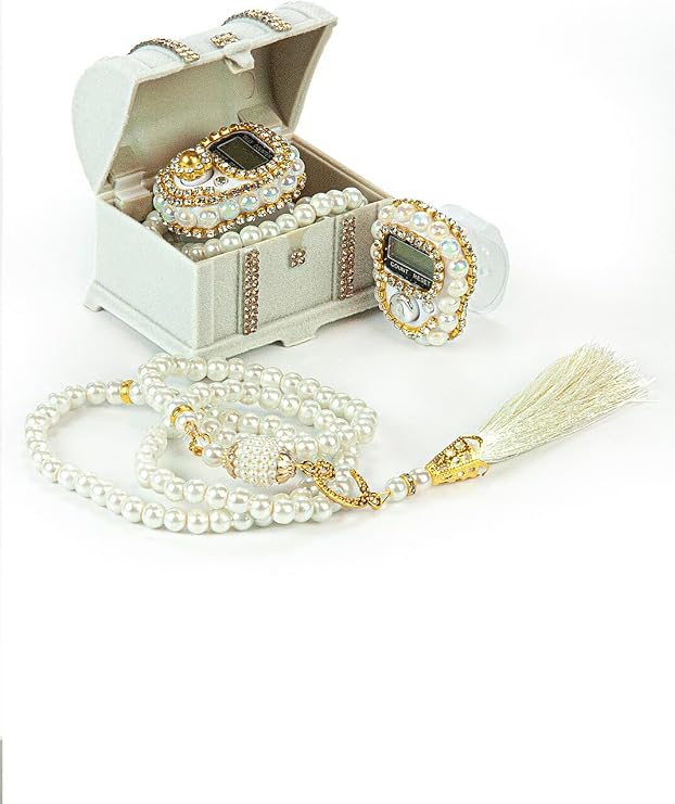 Ihvan Online Chest Gift Box with Islamic Finger Counter and Prayer Beads, Portable Digital Tasbeeh, Pearl Zikirmatic Beads, 2 Pieces Gift for Ramadan & Eid & Mevlut (White)