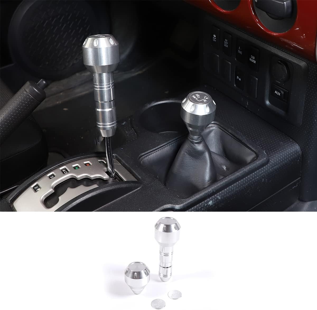 Compatible with Toyota FJ Cruiser 2007-2021 Car Gear Shifter Head Replacement, Aluminum Alloy Shifter Shift Button Knob Replacement Kit Silver