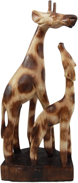 Hand Made Wood Artisans Jerapah Solo Safari Giraffe Mother and Calf Family Decorative Figurine 11.75" H