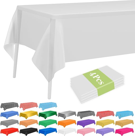 PLULON 4 Pcs White Tablecloths Plastic Disposable Table Cover for Rectangle Tables 54 x 108 Inch Waterproof Tablecloth for Birthday Baby Shower Wedding Fiesta Party Home Kitchen Dining Décor