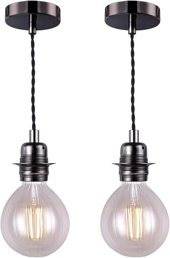 Vintage Pendant Light Fitting, Black Finish Retro Style E27 Lamp Holder, Black Ceiling Rose with Braided Twisted Cable -2 Pack of KIT04BLK