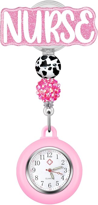Plifal Nurse Watch Nursing Pocket Badge Fob with Second Hand - Pink Retractable Clip On Clock with Secondhand for Medical Staff Women Men
