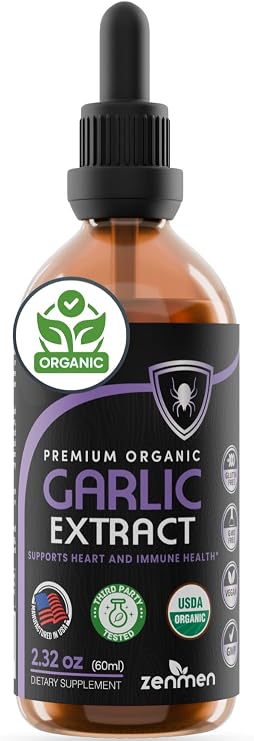 Zenmen Organic Garlic Cloves Extract (Odorless Tincture) - Immune Support, Source of Antioxidants - 2.32 oz / 60ml, Vegan, Manufactured in the USA