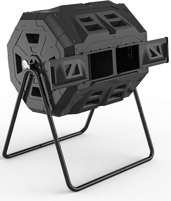 160L Compost Bin Upgraded with Compost Thermometer - Dual Chamber Garden Tumbler Composter (Black)