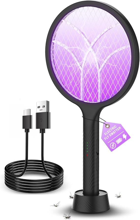 Mosiller Electric Fly Swatter Racket, 4000V Bug Zapper with 1800mah & Dual Modes, 2 in 1 Rechargeable Purple Mosquito Light Killer with 3-Layer Safety Mesh for Indoor Home Patio Camping Office(1 Pack)