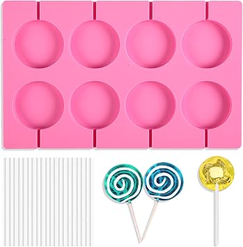 8 Capacity Round Silicone Lollipop Molds,Nonstick Chocolate Hard Candy Mold Silicone Sucker Mold with 20 Sticks for Hard Candies,Chocolate,Bread,Jellies,Suction Cup,Etc