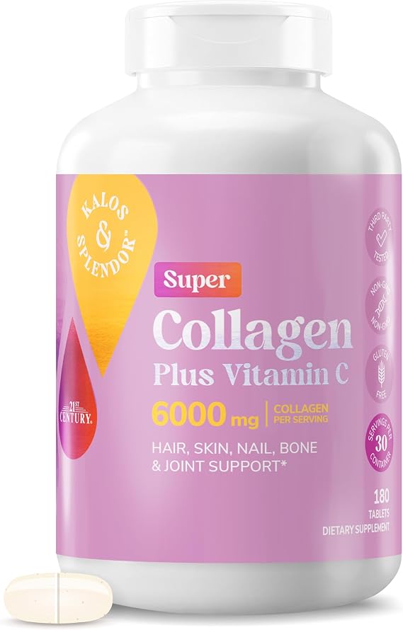21st Century Super Collagen Plus Vitamin C Tablets, 6000mg, 180 Count | Collagen 6000 mg per Serving with Vitamin C to Help Support Healthy Hair, Skin, Nails, Bones & Joints, Gluten Free, Non-GMO