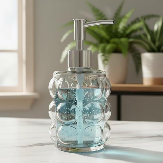 Deconox Beyaz Bubble Design Cam Sıvı Sabunluk - 450 ml Kabartmalı Şık Banyo ve Mutfak Sabunluğu (7x12 cm) (5067 - ŞEFFAF)