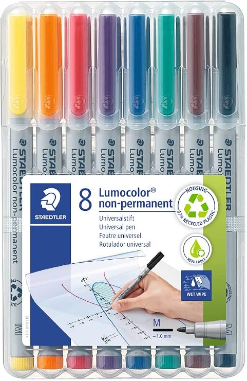 STAEDTLER 315 WP8 Lumocolor Non-Permanent Pen, Medium Line Width, 1.0mm - Assorted Colours (Pack of 8)