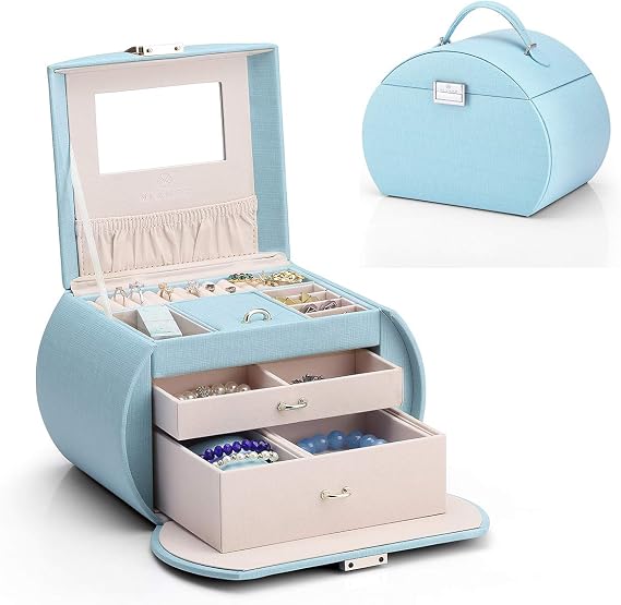 VLANDO 3-Layer Princess Kids Jewelry Box With Mirror For Girls,Blue