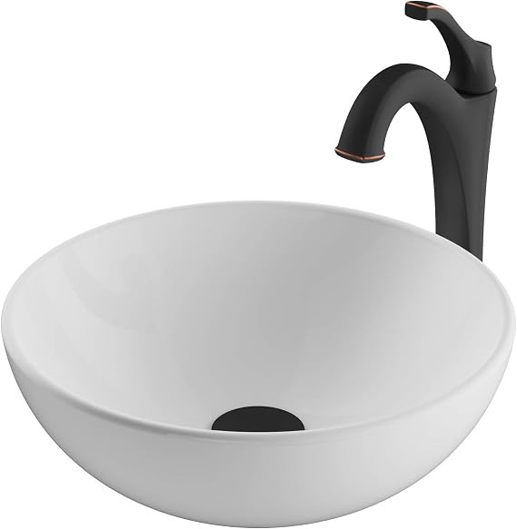 KRAUS Elavo 14-inch Round White Porcelain Ceramic Bathroom Vessel Sink and Arlo Faucet Combo Set with Pop-Up Drain, Oil Rubbed Bronze C-KCV-341-1200ORB