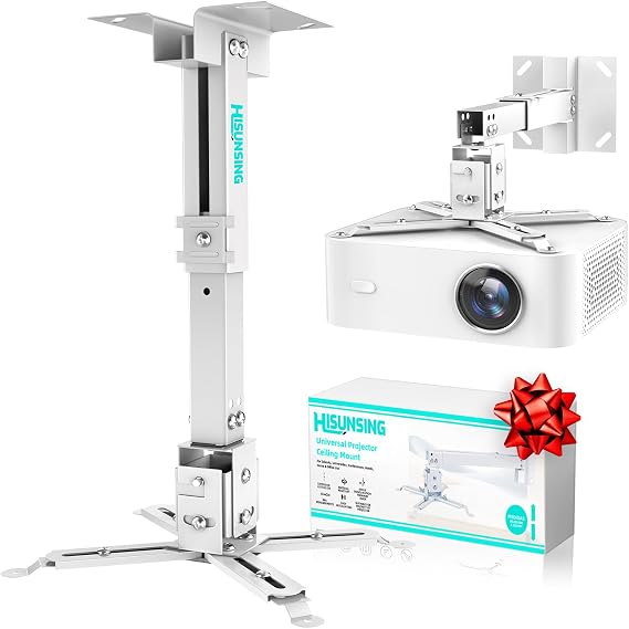 Wall/Ceiling Projector Mount with Extension Pole, Universal 3-in-1 Bracket | Height Adjustable, for Most Projectors,Video, 44lb, Home & Office Installation, Wite